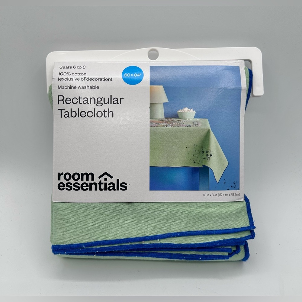 Room Essentials Rectangular Tablecloth 60" x 84" Green Blue Edge 100% Cotton New